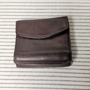 Fossil Trifold Wallet Women Small Dark Brown Good Leather Snap Zip ID Window